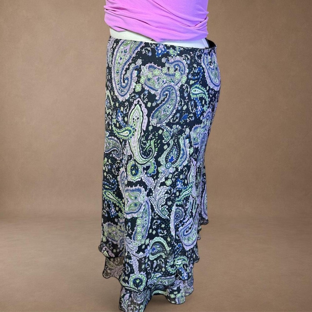 Y2K Paisley Ruffle Skirt Black Green Purple Boho Fairycore Midi Maxi - Picture 3 of 6
